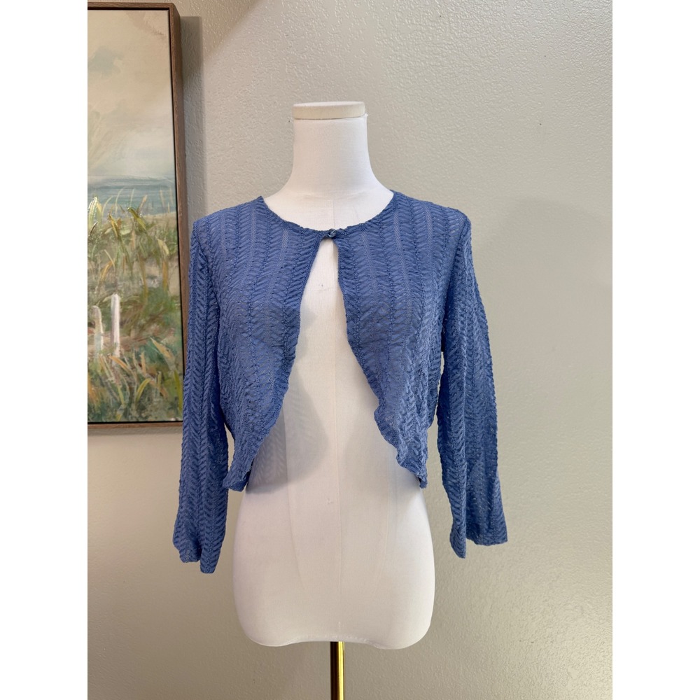 Periwinkle Blue Pointelle Knit Cropped Shrug Button Neck Bolero Sweater